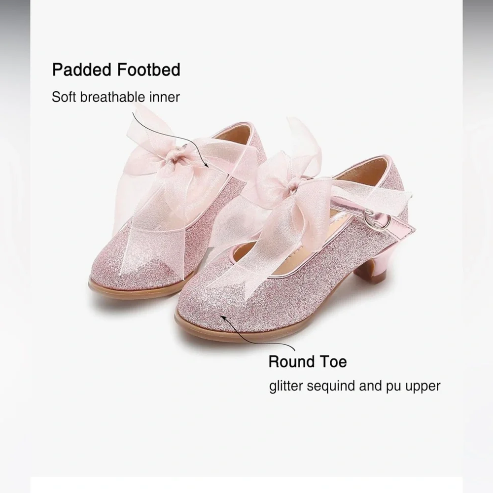 NWOB Thee Bron Girls Sparkle Pink Mary Jane Heels with Organza Bow